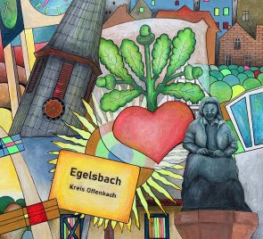 Gezeichnete Collage mit Egelsbacher Motiven