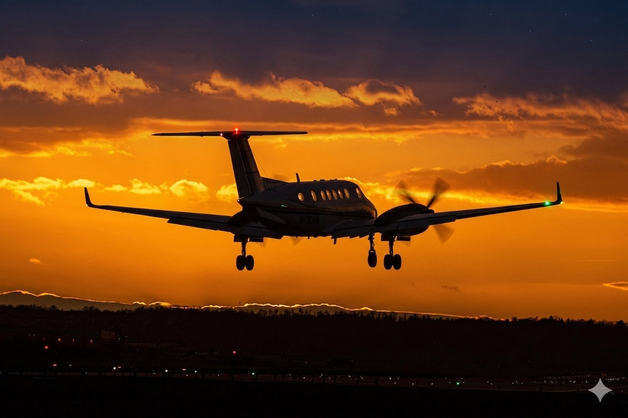 Turbo-Prop Flugzeug beim Start vor einem Nachthimmel